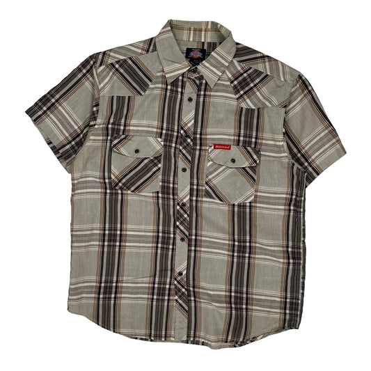 Dickies Checked Short Sleeve Shirt - Large Beige Cotton Blend