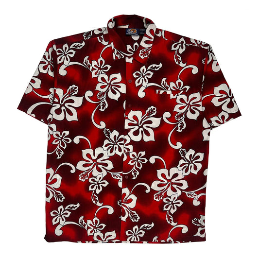 Vintage No Surrender Floral Hawaiian Shirt - Large Red Polyester