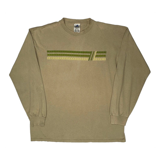 Vintage Adidas Striped Long Sleeve T-Shirt - XL Beige Cotton