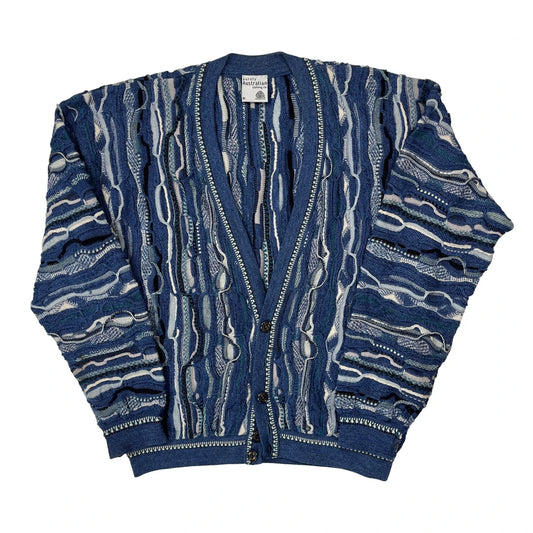 Vintage Australian Coogi Style 3D Knit Cardigan - XL Blue Wool