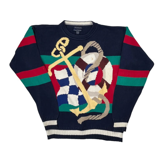 Vintage Hand Intarsia Gant Graphic Jumper - Medium Navy Cotton