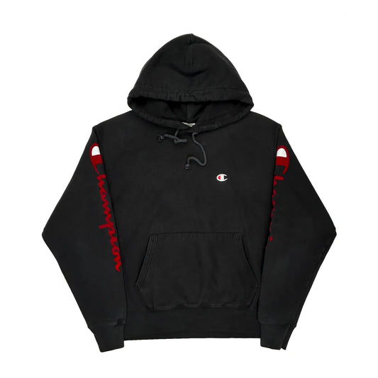 Vintage Reverse Weave Champion Spellout Hoodie - Large Black Cotton