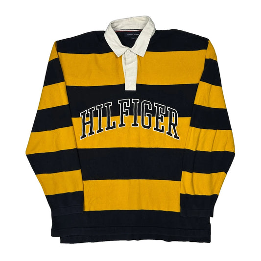 Vintage Tommy Hilfiger Striped Rugby Shirt - Medium Black Cotton