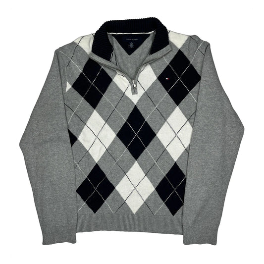 Vintage Tommy Hilfiger Argyle 1/4 Zip - XL Grey Cotton