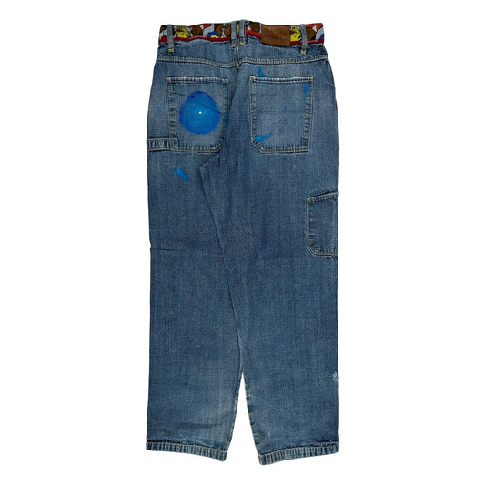 Hip Hop Fubu Cartoon Carpenter Jeans - 33W 30L Blue Denim