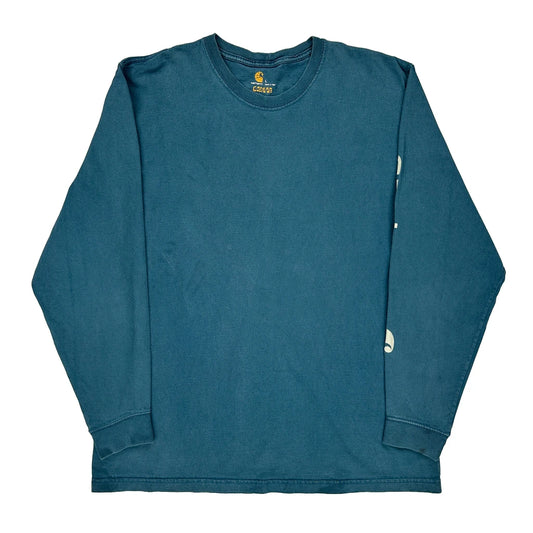 Carhartt Spellout Long Sleeve T-Shirt - Large Blue Cotton