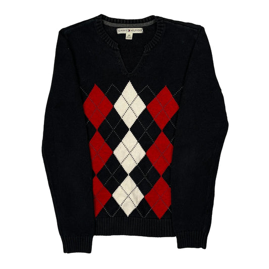 Vintage Tommy Hilfiger Argyle Jumper - Small Black Cotton