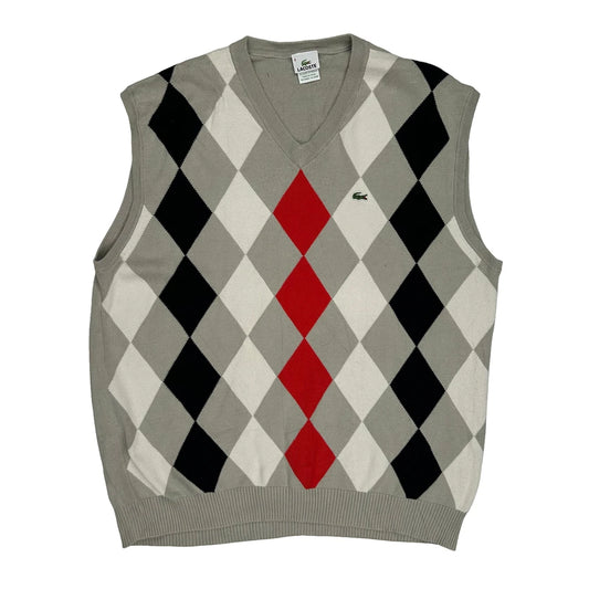 Vintage Lacoste Argyle Sweater Vest - 2XL Grey Cotton