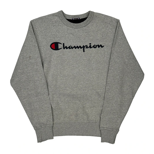 Champion Spellout Sweatshirt - Small Grey Cotton Blend