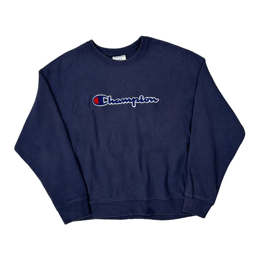 Vintage Reverse Weave Champion Spellout Sweatshirt - XL Navy Cotton