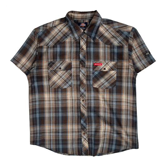 Dickies Checked Short Sleeve Shirt - Large Brown Cotton Blend