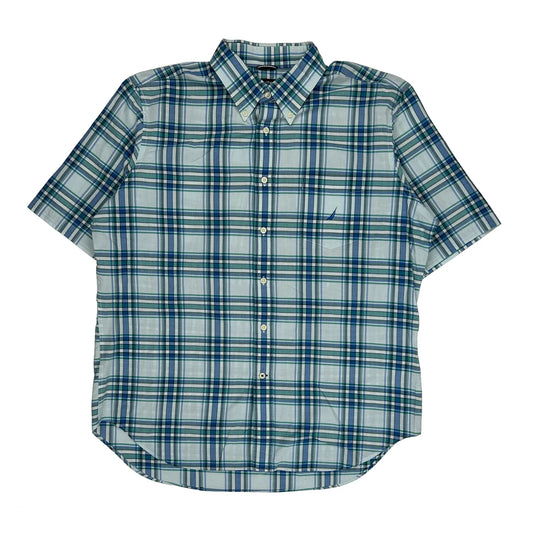 Nautica Checked Short Sleeve Shirt - XL Blue Cotton