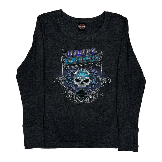 Thunderbird Harley Davidson Graphic Long Sleeve T-Shirt - XL Grey Cotton Blend
