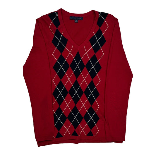 Vintage Tommy Hilfiger Argyle Jumper - Large Red Cotton