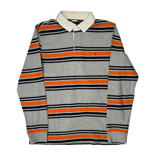 Vintage Tommy Hilfiger Striped Rugby Shirt - Large Grey Cotton