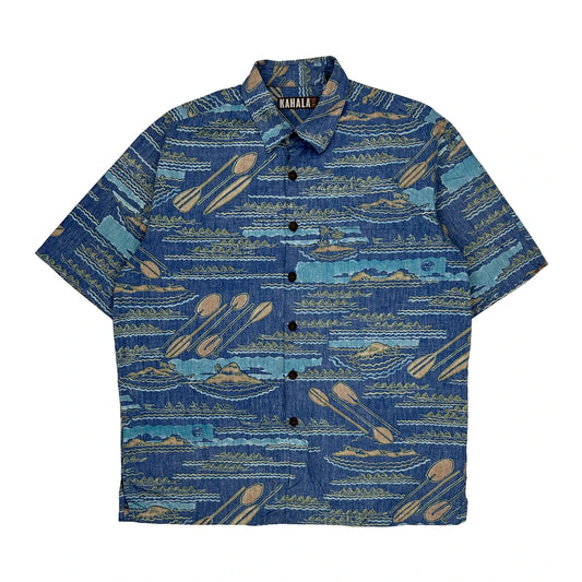 Kahala Hawaiian Shirt - Large Blue Cotton