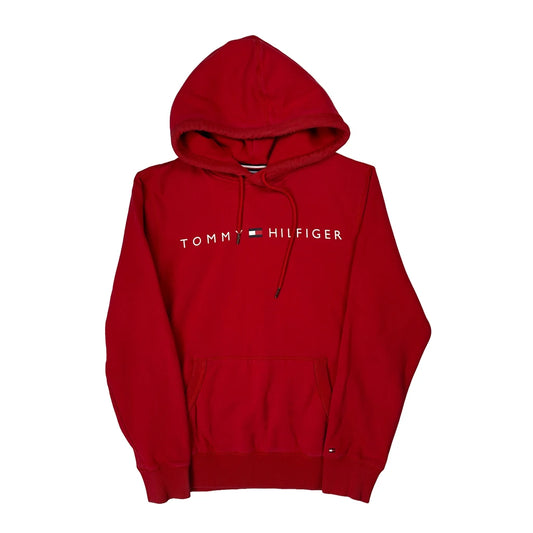 Vintage Tommy Hilfiger Spellout Hoodie - Medium Red Cotton