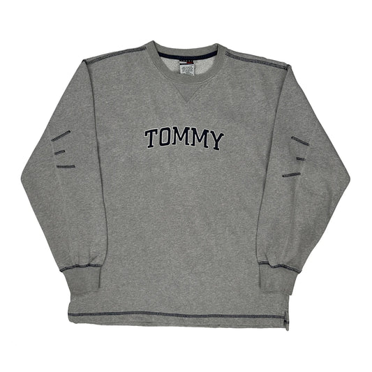 Vintage Tommy Hilfiger Spellout Sweatshirt - Large Grey Cotton