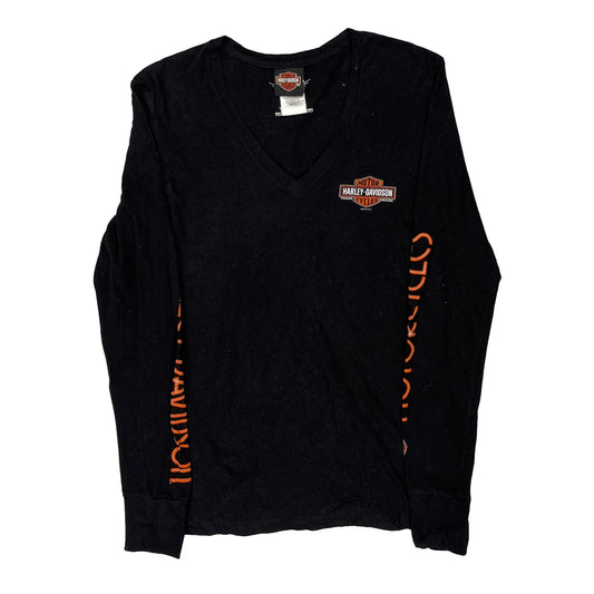 Harley Davidson V-Neck Long Sleeve T-Shirt - Medium Black Cotton