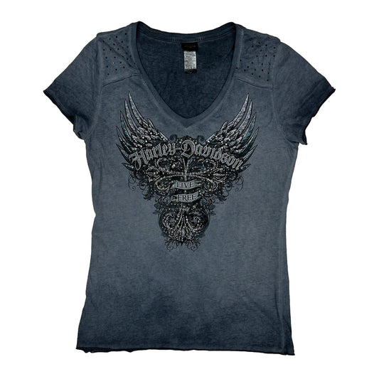 Live Free Harley Davidson Graphic T-Shirt - Medium Grey Cotton