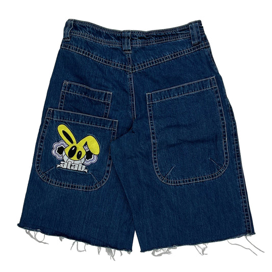 Embroidered A.Lab Mega Rave Graphic Baggy Denim Shorts - 30W 10L Blue Cotton