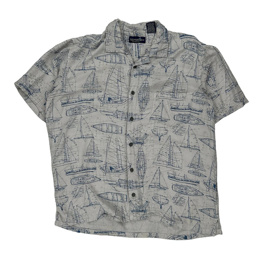 Newport Blue Graphic Hawaiian Shirt - Large White Viscose