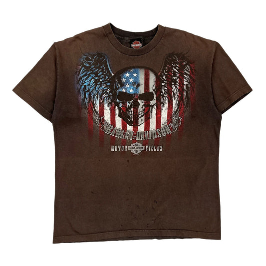 American Flag Skull With Wings Harley Davidson Graphic T-Shirt - Large Brown Cotton
