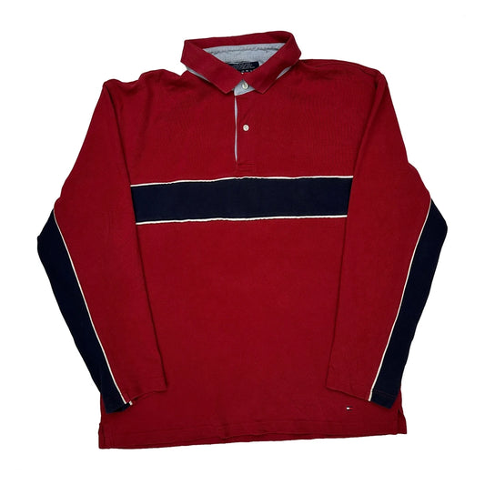 Vintage Tommy Hilfiger Striped Long Sleeve Polo Shirt - XL Red Cotton