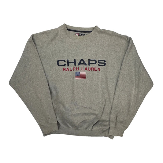 American Flag Chaps Ralph Lauren Spellout Sweatshirt - XL Grey Cotton Blend