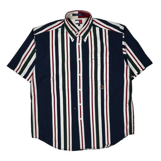 Tommy Hilfiger Striped Short Sleeve Shirt - Large Multicoloured Cotton