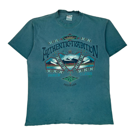 Oneita Single Stitch T-Shirt - Large Blue Cotton