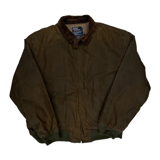 90S Made In USA Polo By Ralph Lauren Checked Lining Oilcloth Wax Jacket - XL Brown Cotton