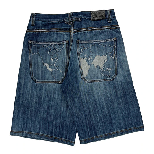 Map Design Regal Graphic Baggy Denim Shorts - 35W 12L Blue Denim