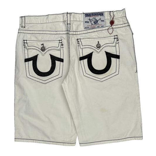 True Religion Contrast Stitch Denim Shorts - 40W 11L White Cotton
