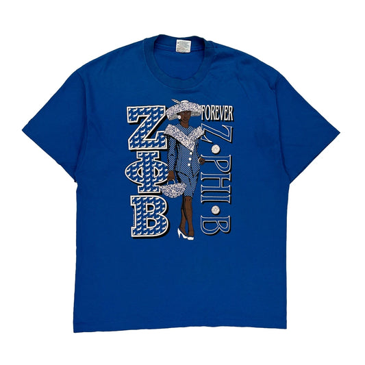 Single Stitch Hanes Graphic T-Shirt - 2XL Blue Cotton Blend