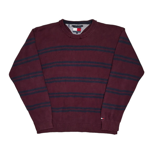 Vintage Tommy Hilfiger Striped Jumper - XL Burgundy Cotton