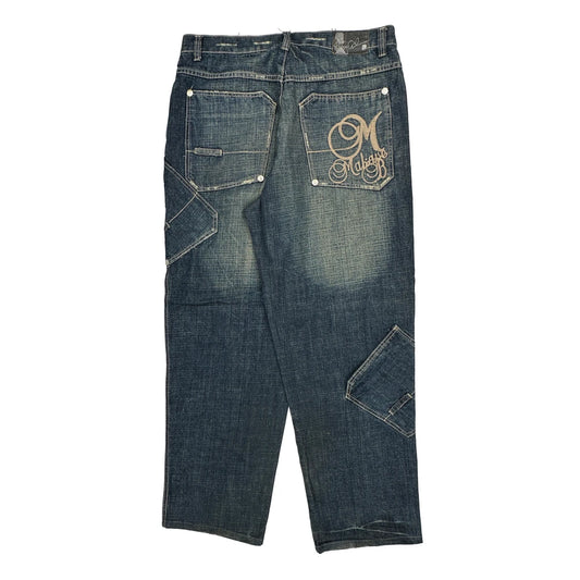 Makavelli Baggy Graphic Jeans - 38W 31L Blue Cotton Blend