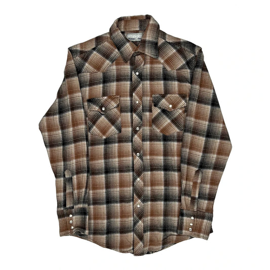 Vintage Wrangler Checked Flannel Shirt - Small Brown Cotton