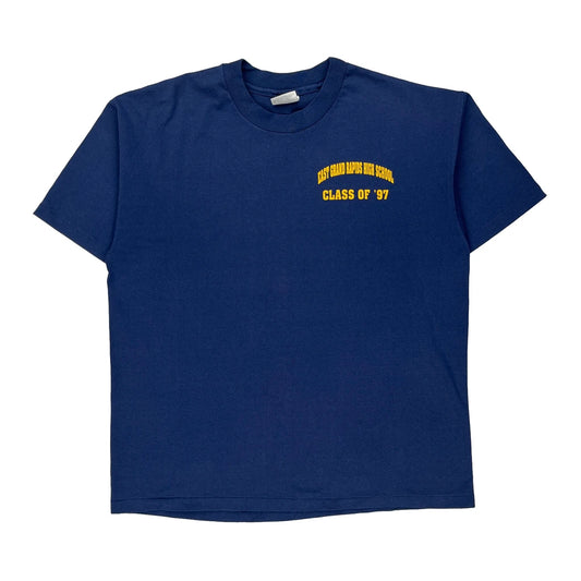 Single Stitch Hanes Graphic T-Shirt - XL Blue Cotton Blend