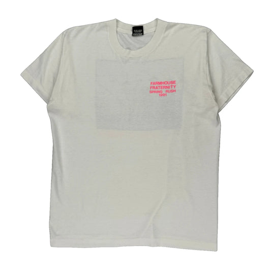 Farmhouse Fraternity Spring Rush 1991 Screen Stars Graphic T-Shirt - XL White Cotton Blend