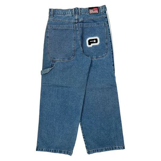 Plugg Baggy Graphic Striped Carpenter Jeans - 33W 30L Blue Denim