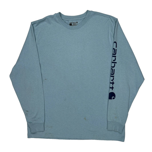 Carhartt Spellout Long Sleeve T-Shirt - Large Blue Cotton
