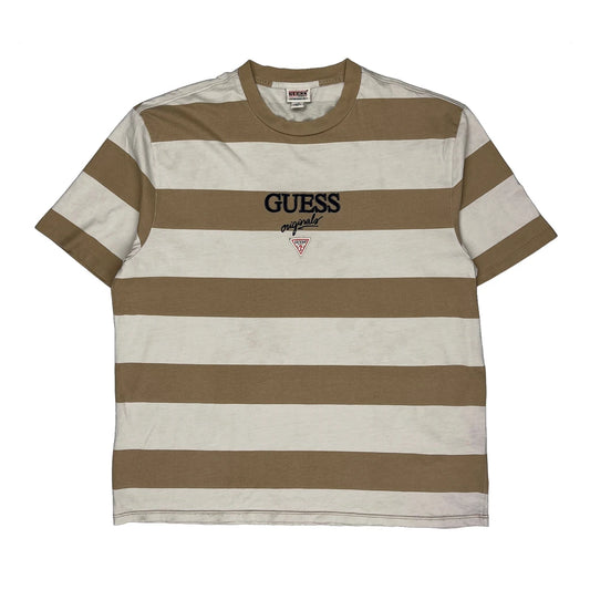 Vintage 90S Guess Striped T-Shirt - Large Beige Cotton