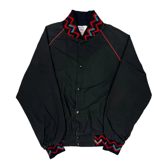 80S Made In USA Casino Sandia West Ark Aztec Ribbed Trims Varsity Jacket - Large Black Cotton
