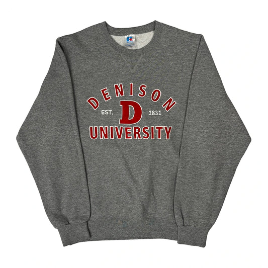 Vintage Denison University Russell Athletic College Sweatshirt - Medium Grey Cotton Blend