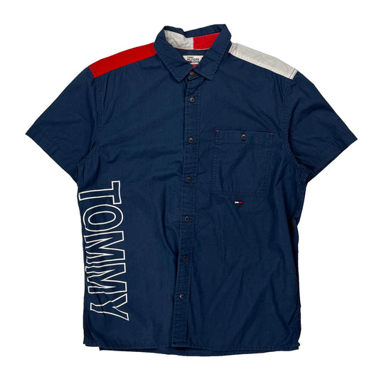 Vintage Tommy Hilfiger Denim Spellout Short Sleeve Shirt - Large Blue Cotton