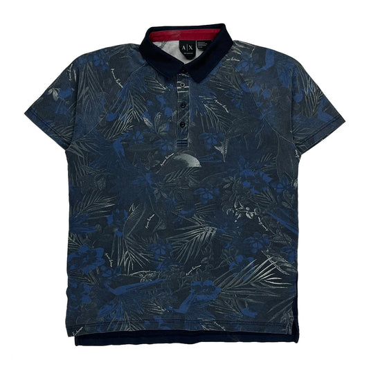 Vintage Armani Exchange Floral Polo Shirt - Medium Blue Cotton