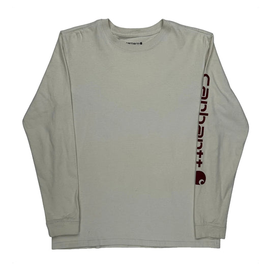 Vintage Loose Fit Carhartt Spellout Long Sleeve T-Shirt - Medium Cream Cotton