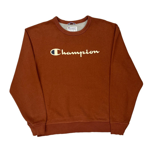 Champion Spellout Sweatshirt - Large Brown Cotton Blend