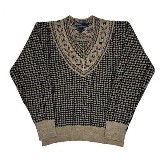 Hounds Tooth Wool Silk Polo By Ralph Lauren Chunky Knit Jumper - Large Black Wool Blend